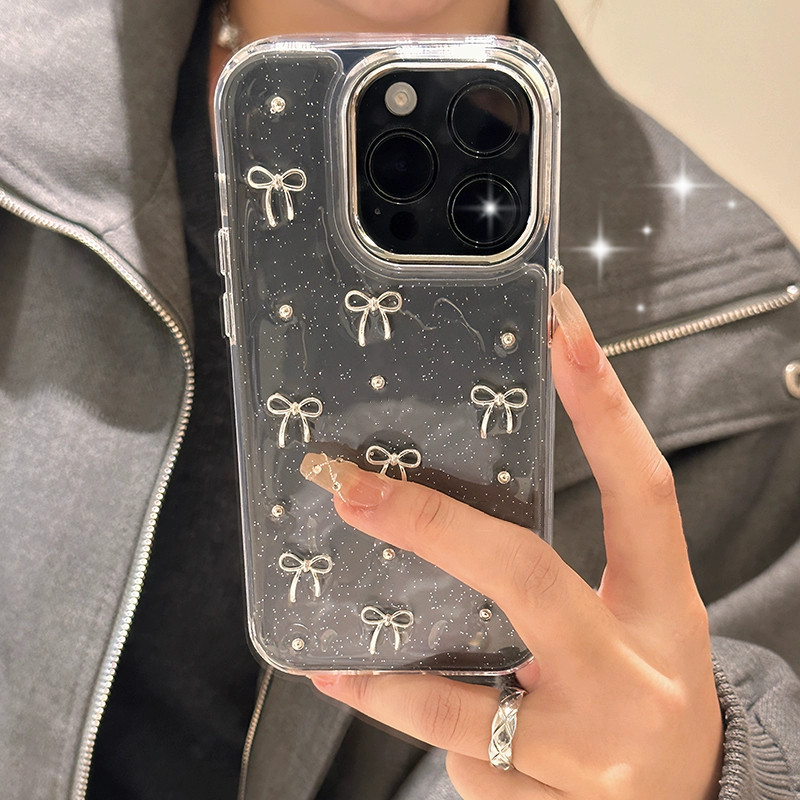 เคสโทรศัพท์สําหรับiphone 16 Pro Max 15 14 13 12 11 Pro Max 7 8 Plus XR X XS Max INSแฟชั่นGlitter 3Dเงินโบว์ลูกปัดอีพ็อกซี่เชลล์สาวใสปกหลัง