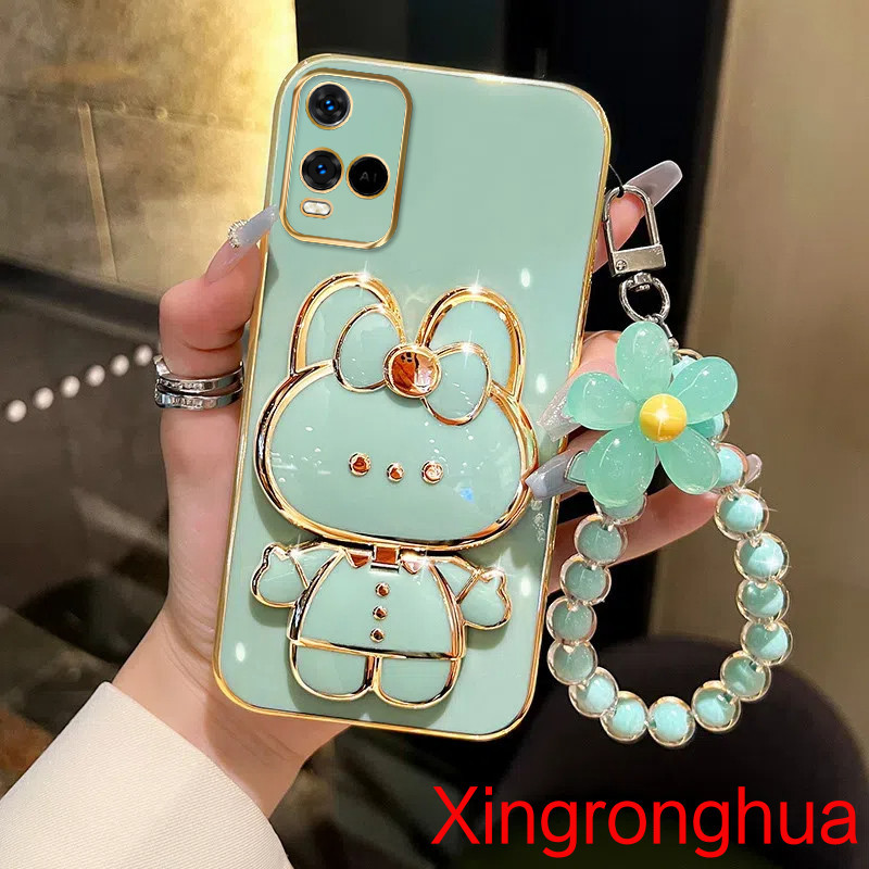 ปลอก vivo Y21 Y21S Y33S 4G Y21A Y21T เคสโทรศัพท์ TPU 3D กระต่ายเครื่องสําอางกระจกแต่งหน้าขาตั้ง Ultra Thin Electroplated Soft Case Shock Protection Case พร้อมสร้อยข้อมือ Lanyard