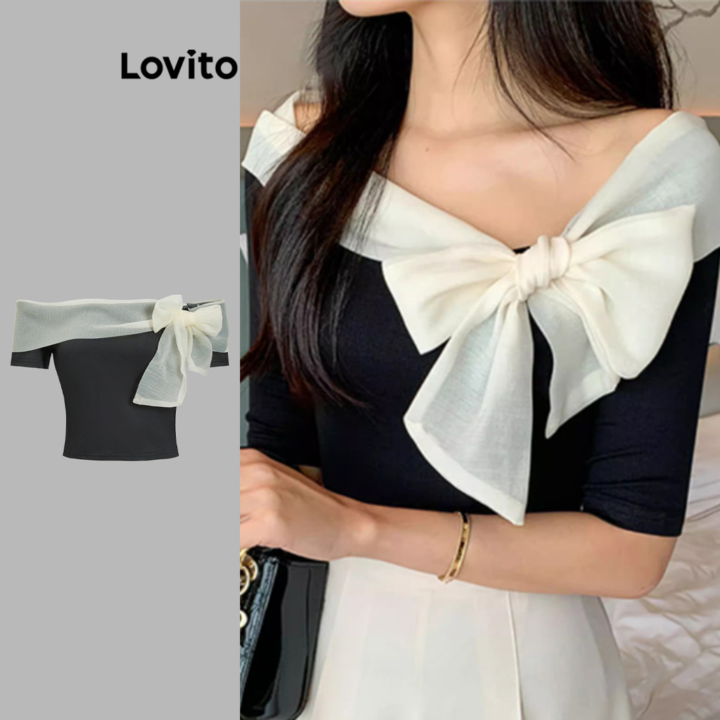 Lovito เสื้อยืดด้านหน้าผูกธรรมดาสวยหรูสำหรับผู้หญิง L104ED467