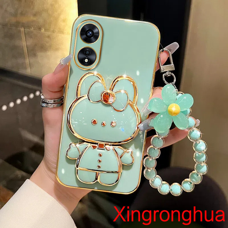 ปลอก OPPO A60 A38 A18 A58 A78 5G A98 5G A17 A17K A16K A16 A15S A15 เคสโทรศัพท์ TPU 3D กระต่ายเครื่องสําอางกระจกแต่งหน้าขาตั้ง Ultra Thin Electroplated Soft Case Shock Protection