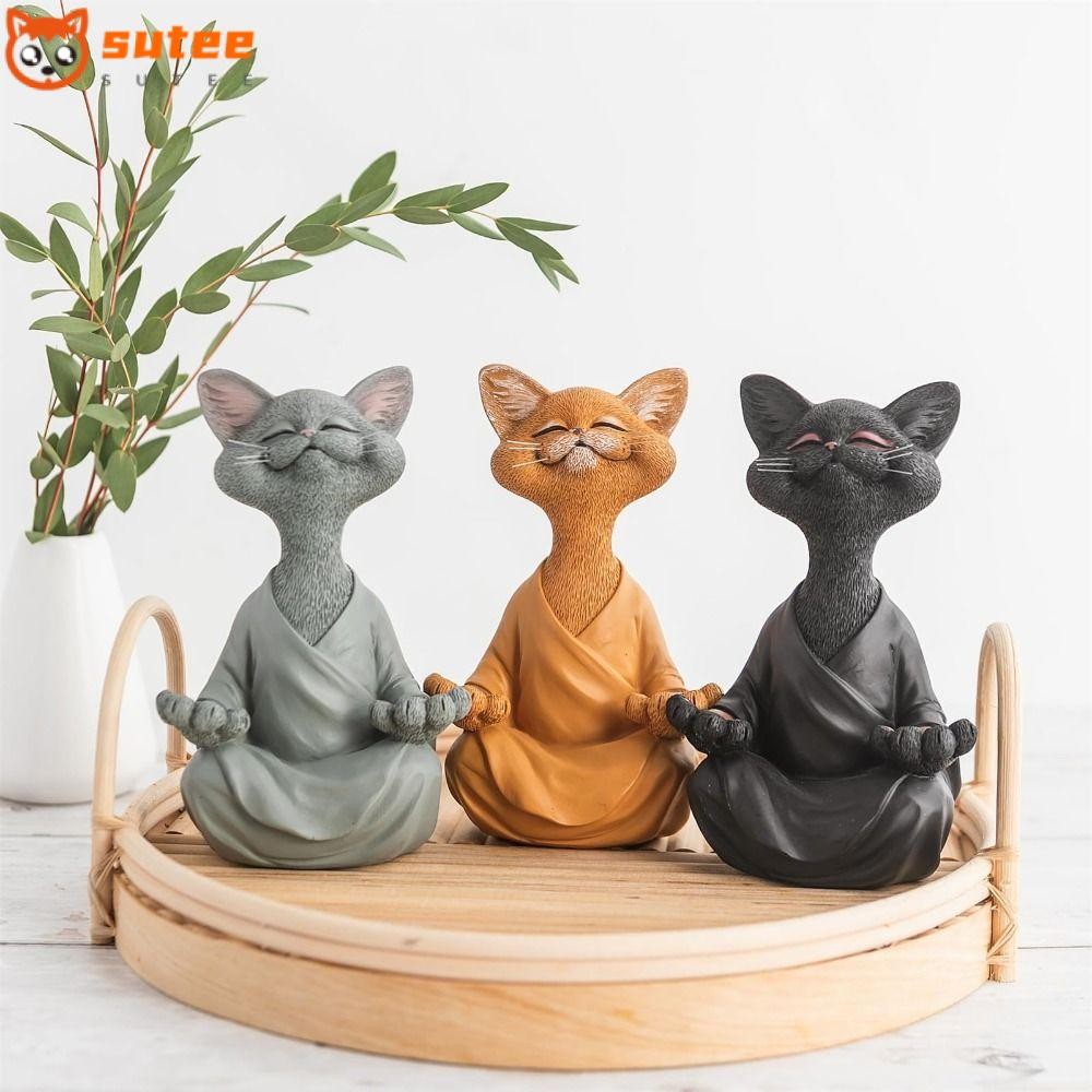 Sutete การทําสมาธิรูปปั้นแมว,เครื่องประดับเรซิ่น Happy Buddha รูปปั้นแมว, Creative Whimsical Home Decor พระพุทธรูปแมวตุ๊กตาสมาธิ Decor