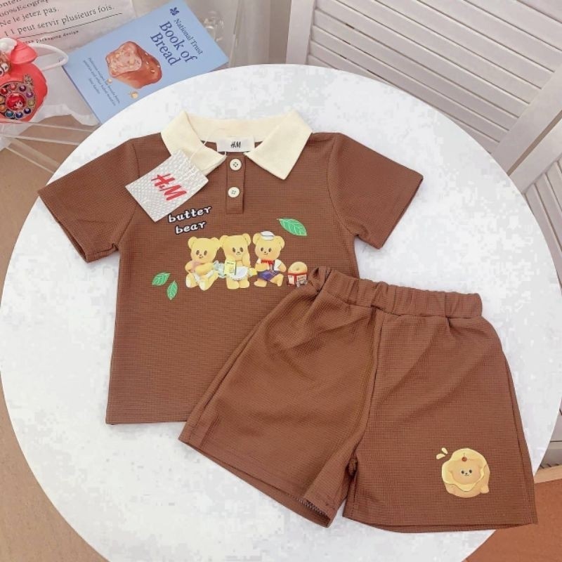 พร้อมส่ง ชุดลำลอง งานป้ายH&M เซ็ทสองชิ้น ชุดลูกสาว ลูกชาย งานสกรีนลายบัตเตอร์แบร์ งานจริงสวยมากน๊าาB05