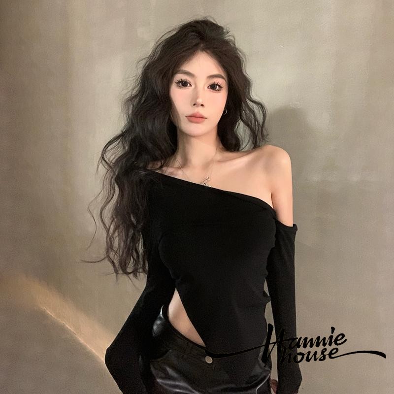 Hanie House- เสื้อยืดแขนยาวไหล่เฉียงไม่สม่ําเสมอสําหรับผู้หญิง