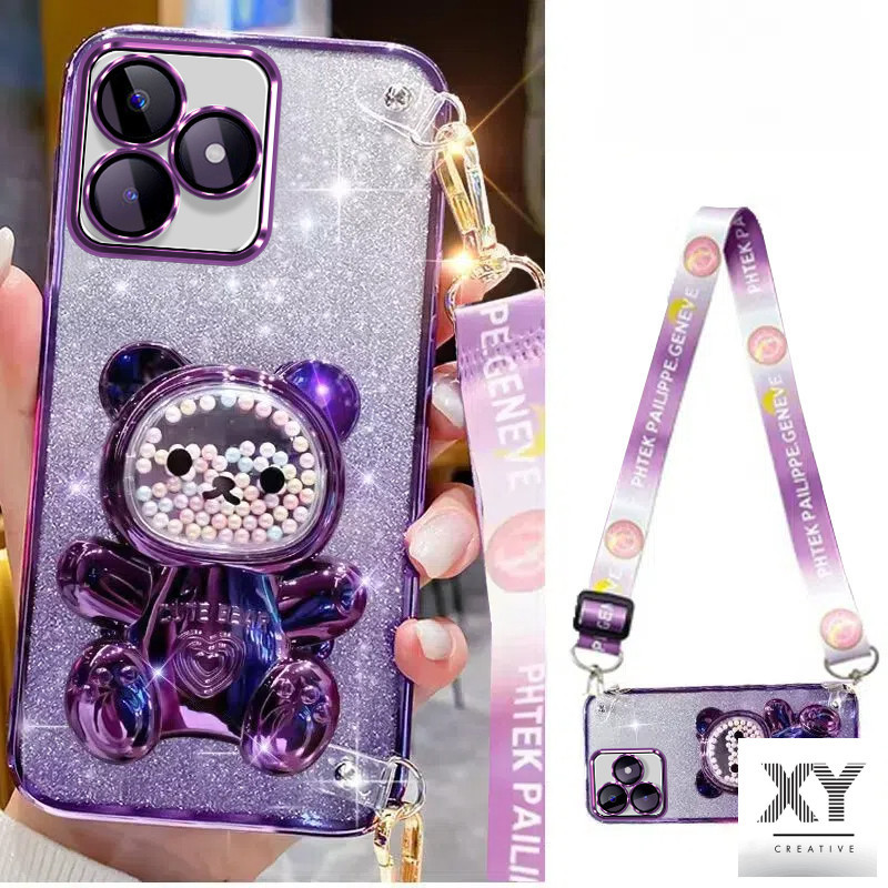 เคส Realme C67 C61 C63 Note 50 12 C65 C55 C53 C51 C12 C15 C25 C25S C21Y C25Y C30 C30S C35 C11 2021 8 5 5i 5S 6i 7i C17 9 PRO PLUS 10 11 12 PRO+ 4G 5Gเคสโทรศัพท์บรรเทาความเครียดหมีลูกปัดสีสันสดใสหรูหราที่วางสายรัดข้อมือ tpu
