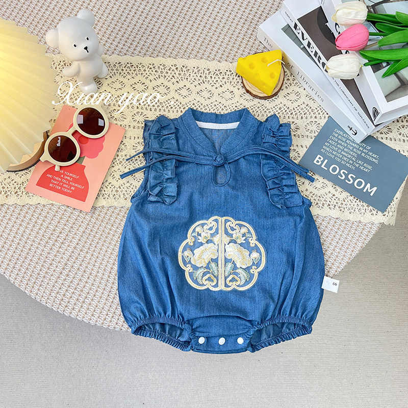 ฤดูร้อนใหม่เสื้อผ้าเด็กสาวสไตล์จีนแขนกุดบอดี้สูท 0-24 เดือนทารกแรกเกิดสุดน่ารักเจ้าหญิง ชุดรอมเปอร์