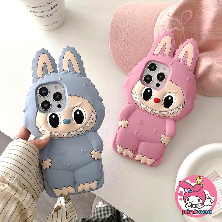 3D ซิลิโคนการ์ตูนโทรศัพท์กรณีสำหรับ iPhone 16 15 14 13 Pro Max Labubuu Couple สีชมพูสีฟ้าอ่อนซิลิโคนกรณีกันกระแทกป้องกัน