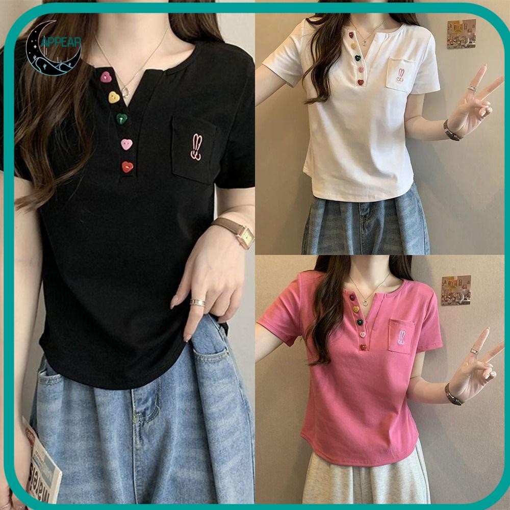 Appear แขนสั้น,เสื้อยืดผู้หญิงทรงเข้ารูปสไตล์เรียบง่าย,ปุ่มคอวีด้านหน้าระบายอากาศสั้นด้านบน