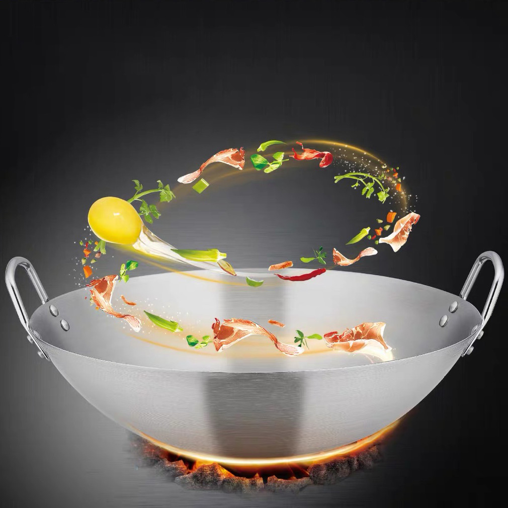 กระทะสแตนเลสเกรดอาหาร กระทะหูคู่หนาในครัวเรือน กระทะก้นกลม ไม่เคลือบ 30ซม.-50ซม. หม้อพิเศษสำหรับโรงอาหารในครัวของโรงแรม - รูปที่ 3