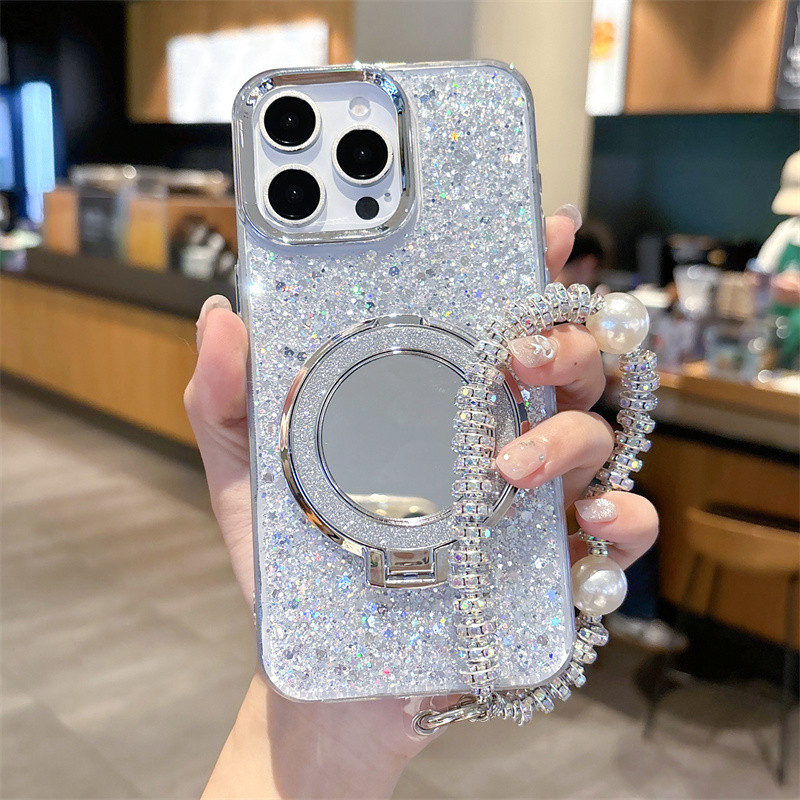 สําหรับiphone16 15 14 13 12Pro 11 Max X XS XR 7 8Plusเคสโทรศัพท์กระจกสร้อยข้อมือผู้ถือฝาครอบแหวนแฟชั่นGlitter Epoxy Shockปลอก