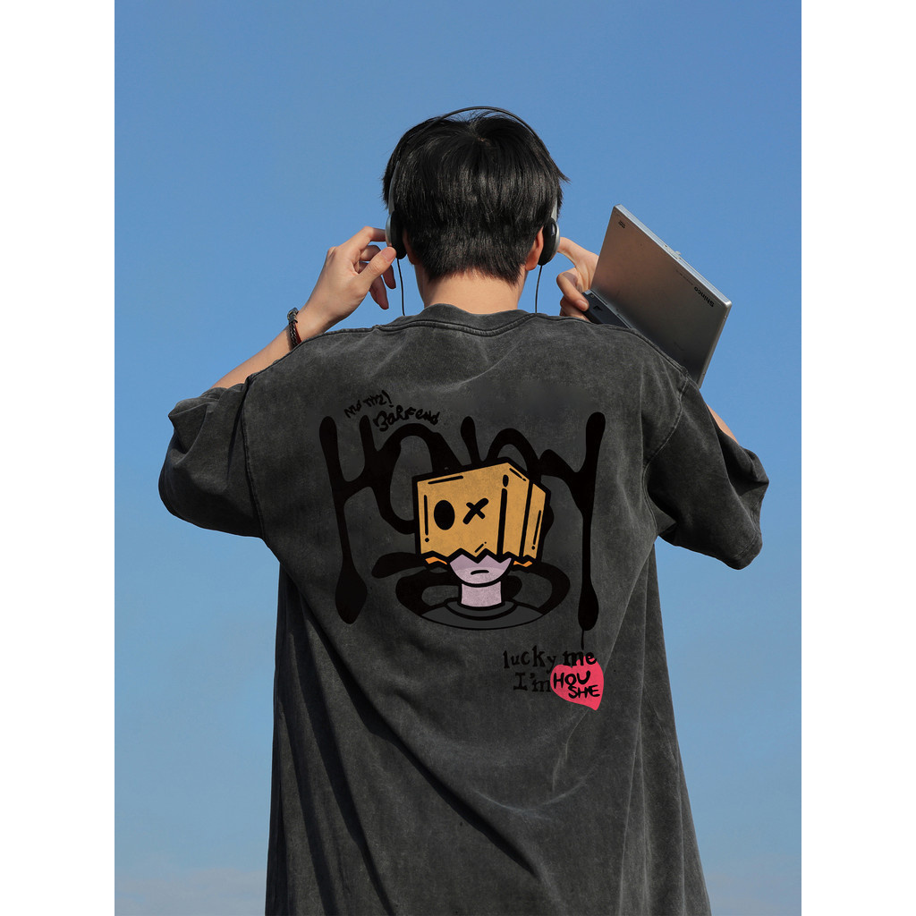(จัดส่งตลอด 24 ชั่วโมง)Woo Right ผ้าคอตตอน100% เสื้อยืดผ้าฟอก oversize เสื้อคู่ลำลองทรงพิมพ์ล