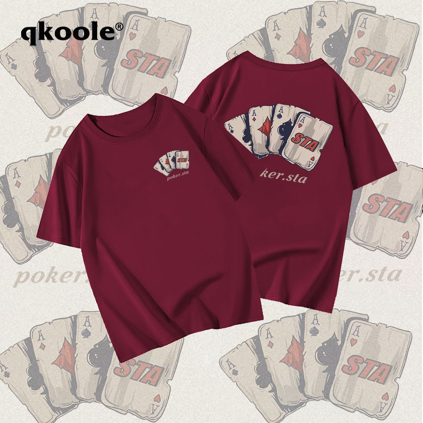 Qkoole เสื้อยืดฟอก oversize ผ้าคอตตอน100% เล่นไพ่ย้อนยุค L000065