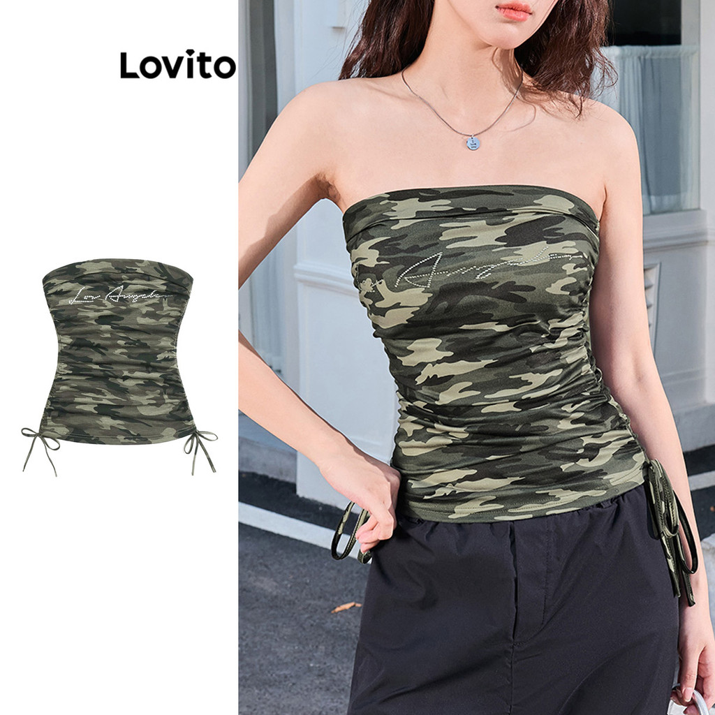 Lovito เสื้อกล้ามเชือกรูด ไรน์สโตนลายพรางแบบสบาย ๆ สำหรับผู้หญิง L106AD177