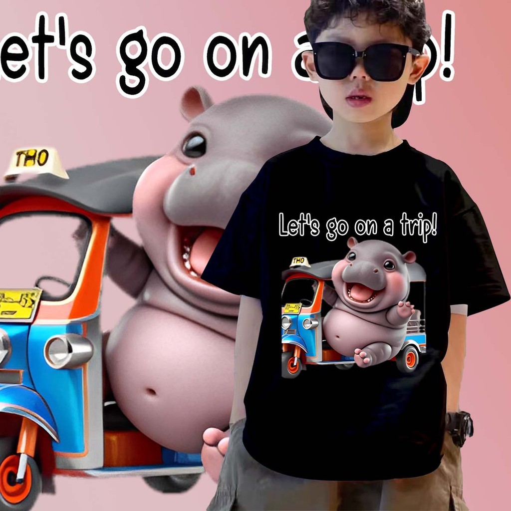 (จัดส่งตลอด 24 ชั่วโมง)เสื้อยืดเด็ก Moodeng hippo หมูเด้ง เสื้อลายฮิปโปน่ารัก ฮิปโป แคระ หมู เด้ง Kids T-shirt ผ้า