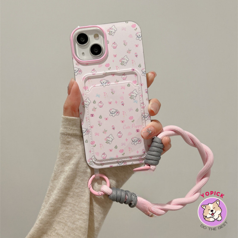 สีชมพูดอกไม้สุนัขเคสโทรศัพท์สําหรับiphone 11 12 13Pro Max 14Plus 15 16 Pro XR XS Max 7 8 Plus SE2020 การ์ตูนฝาครอบโทรศัพท์สําหรับIPhone 16Pro Maxนุ่มสาวเชือกGKB