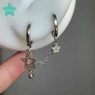 [BigHouseSea] 1pcs เงินสี Star Chain Double Ear Hole หูกระดูกเล็บ Y2K แฟชั่น Hottie ต่างหูผู้หญิงเครื่องประดับใหม่