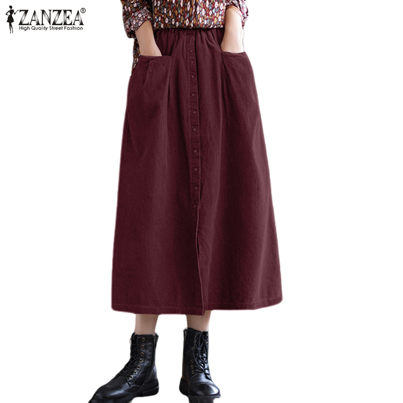 Zanzea ผู้หญิงวินเทจเอวยางยืดหัวเข็มขัดหลวมเอวสูงแยก A-Line Oversirt