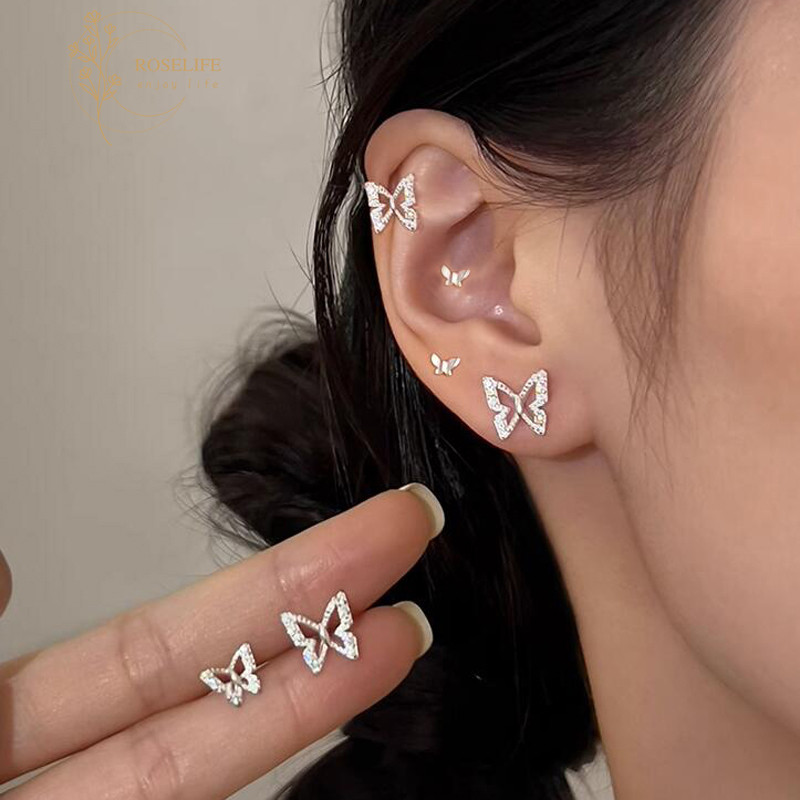 Roselife 6PCs เกาหลี S925 เงินคริสตัลผีเสื้อต่างหูสตั๊ดชุดสําหรับหญิงสาวโรแมนติกหูเจาะเครื่องประดับ