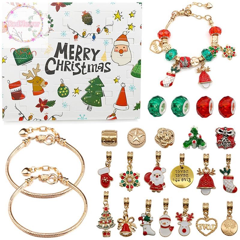 Redflower 24PCS สร้อยคอจี้คริสต์มาสนับถอยหลัง Advent ปฏิทินกล่องตาบอดคริสต์มาส Themed DIY สร้อยข้อมือคริสต์มาส Surprise ของขวัญกล่อง TH
