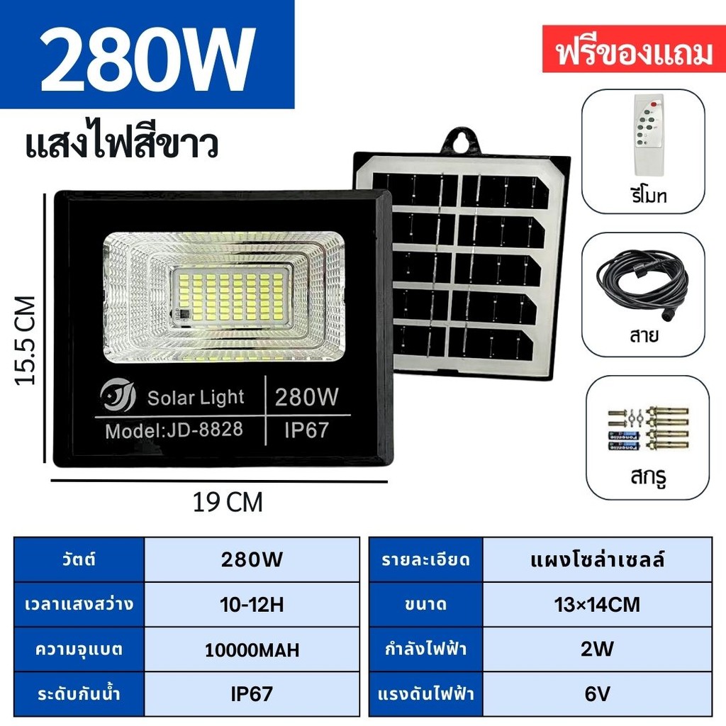 ⚡️ถูกที่สุด⚡️ Spotlight ไฟโซล่าเซลล์ กันน้ำกลางแจ้ง ป้องกันฟ้าผ่า สว่างอัตโนมัติเมื่อฟ้ามืด  LED แสงสีขาว 280W/480W