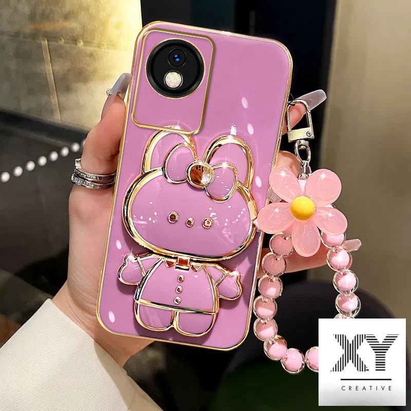 เคส vivo y02 y02t y02a เคสโทรศัพท์ชุบด้วยไฟฟ้าหรูหรา 3D กระต่ายเครื่องสําอางกระจกแต่งหน้าขาตั้งเคส TPU แบบนุ่มพร้อมสร้อยข้อมือเชือกเส้นเล็ก เคสโทรศัพท์ vivo y02 y02t y02a