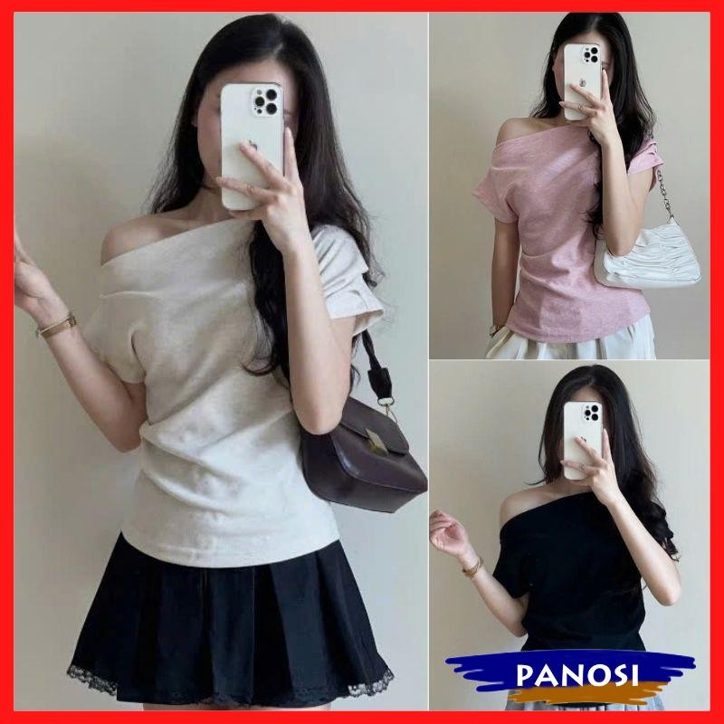 เสื้อปาดไหล่แขนสั้น เสื้อยืด สไตล์สุภาพสตรี ดีไซน์ปีกตก หรูหรา ขนกระต่ายคุณภาพสูง ก383-ปาโนซี