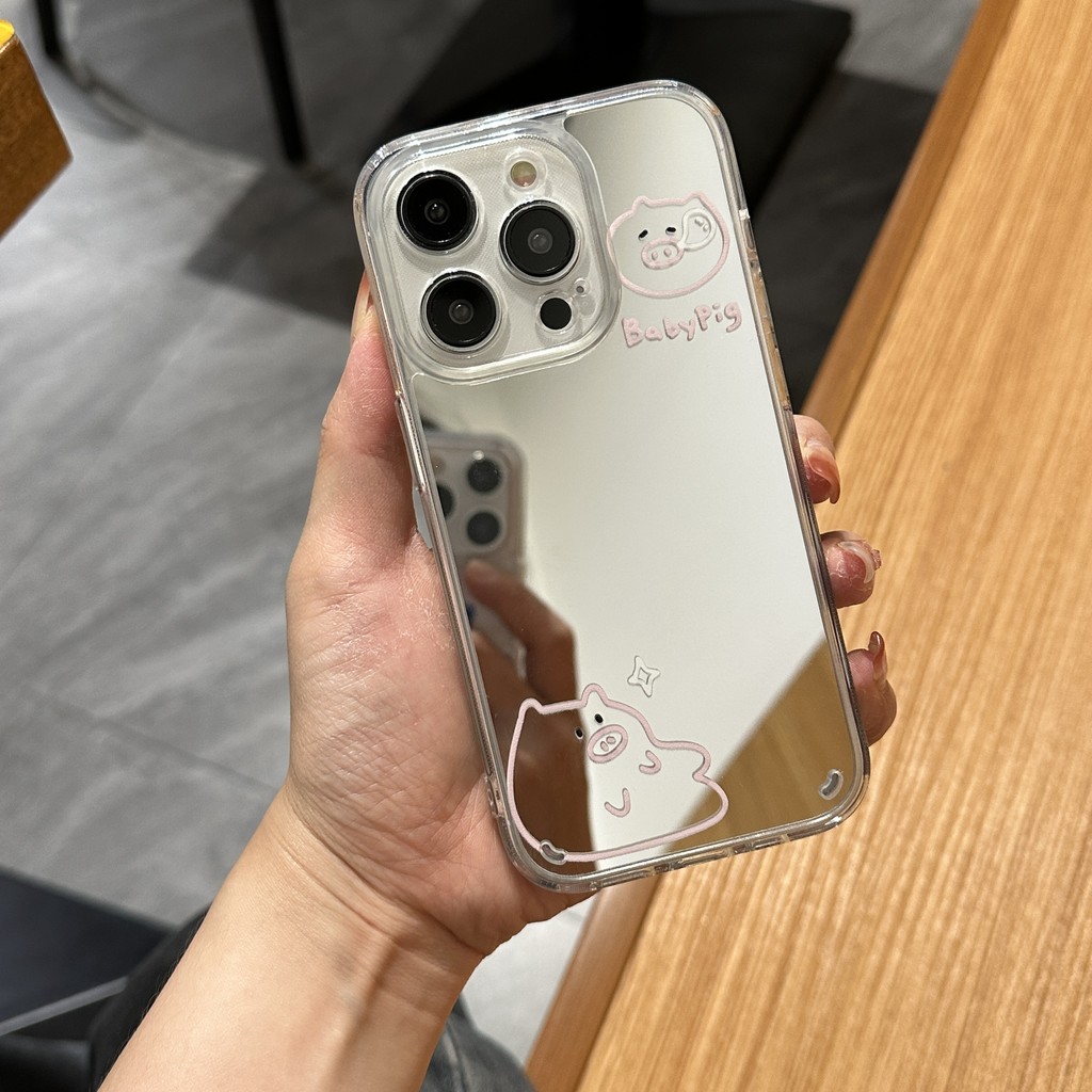 Mirror Mirror Cute Pig เหมาะสําหรับ Samsung s22ultra เคสโทรศัพท์ซิลิโคน s24+/ s21fe Premium s20fe Premium a54 Creative a34 น่ารัก note20 Simple s10+Shock-proof s9 รวมทุกอย่าง