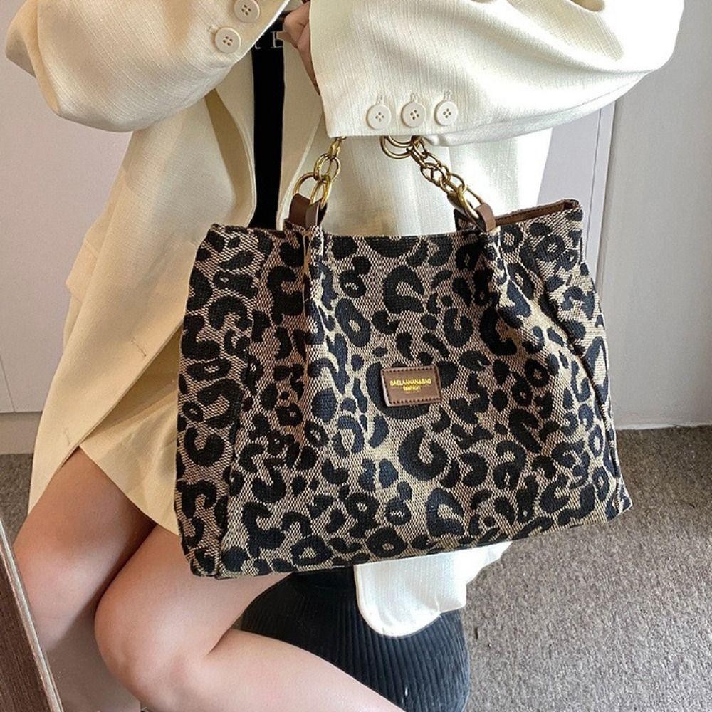 Easts Tote Bag กระเป๋าสะพายผ้าแคนวาสลายเสือดาว กระเป๋าใต้วงแขนความจุขนาดใหญ่แบบลําลอง ผู้หญิง