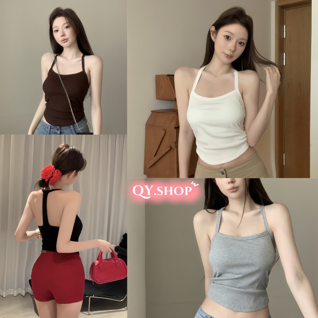 QY.Shop เสื้อสายเดี่ยว เสริมฟองน้ำน่ารักๆ สีพื้น ดีเทลเว้าหลัง ทรงรัดตัว "FY88030"