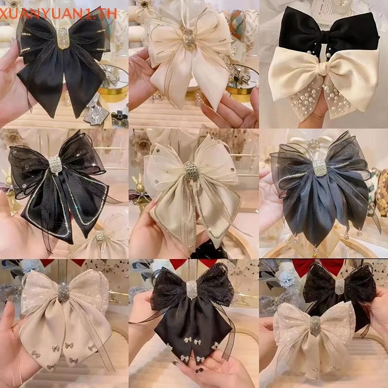 XUAN ใหม่ Hairpin ผ้าซาตินตกแต่งโบว์ Rhinestone สีดำขนาดใหญ่ เพื่อผู้หญิง