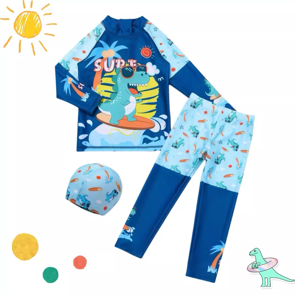 [3-13 ปี] ชุดว่ายน้ำเด็กนักเรียนชาย แขนยาว กันแดด สำหรับหน้าร้อนและชายหาด ชุดว่ายน้ำแห้งเร็วดีไซน์ไดโนเสาร์