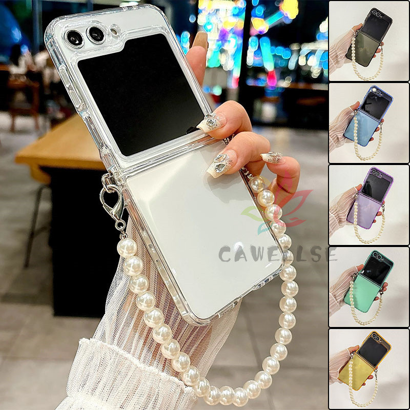 น่ารัก Slim Clear เคสโทรศัพท์สําหรับ Samsung Galaxy Z Flip 7 Z Flip 6 Z Flip 5 Z Flip 4 Z Flip 3 กรณี Pearl Brecelet Soft TPU กันกระแทกปกหลัง