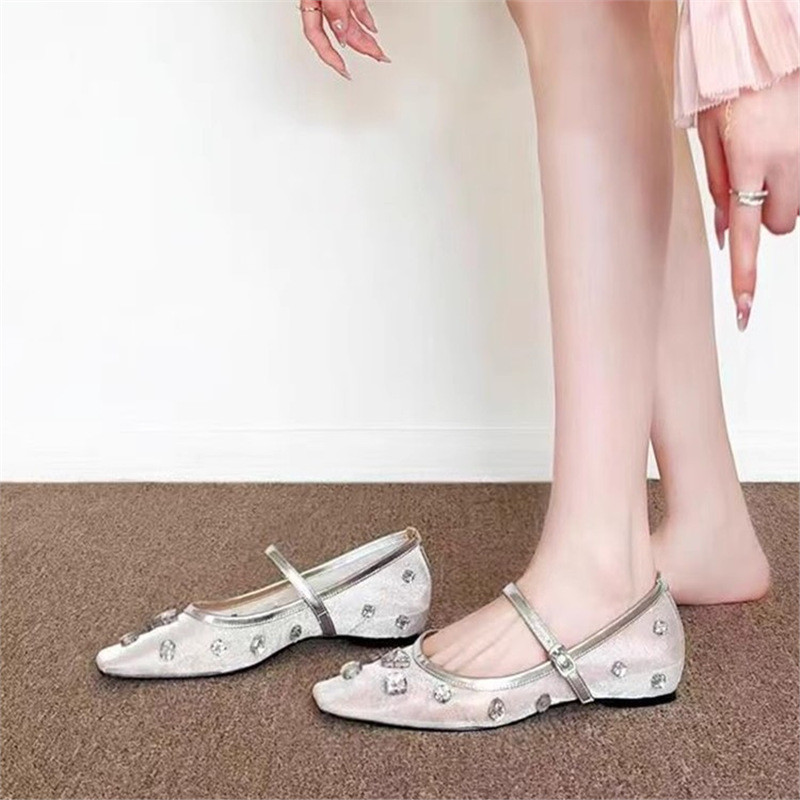 French Rhinestone Flat Strap Mary Jane Shoes Ladies Flat Ballet Shoes