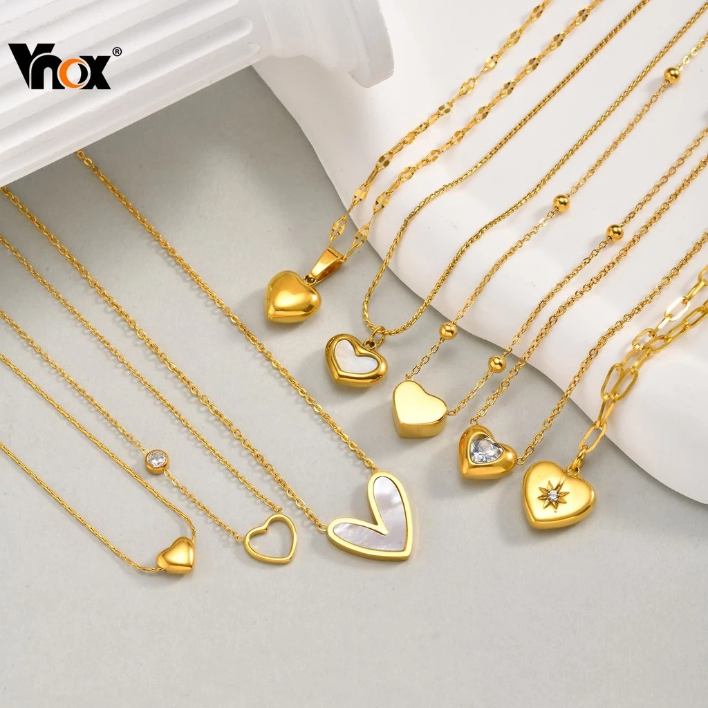 Vnox สร้อยคอประดับเพชรมุกรูปหัวใจ,ทองสแตนเลส Hypoallergenic สร้อยคอเครื่องประดับของขวัญรัก