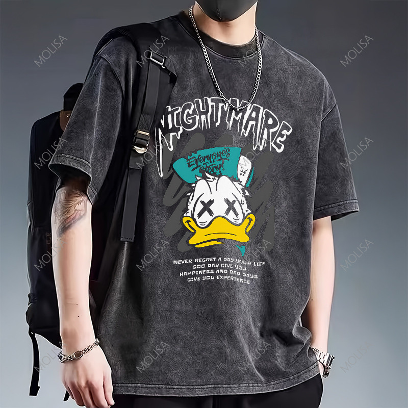 เสื้อยืด oversize ลายเป็ด คอกลมแขนสั้น วินเทจ ใส่สบาย ผ้าฟอก สีดำ เสื้อยืดแขนสั้น มินิมอล 68094#