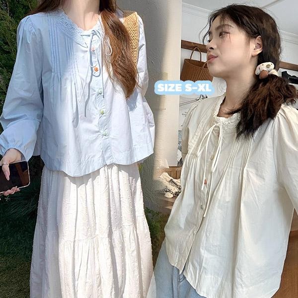 mimi&didi#เสื้อเชิ้ตลายลูกไม้เย็บจีบน่ารัก คอกลม ทรงหลวม การออกแบบปุ่มที่มีสีสัน แฟชั่นสไตล์อ่อนโยน แขนยาว ผู้หญิง#W618