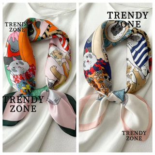 ผ้าพันคอสี่เหลี่ยมเลียนแบบผ้าไหม ลายการ์ตูนแมวน่ารัก สไตล์เร…