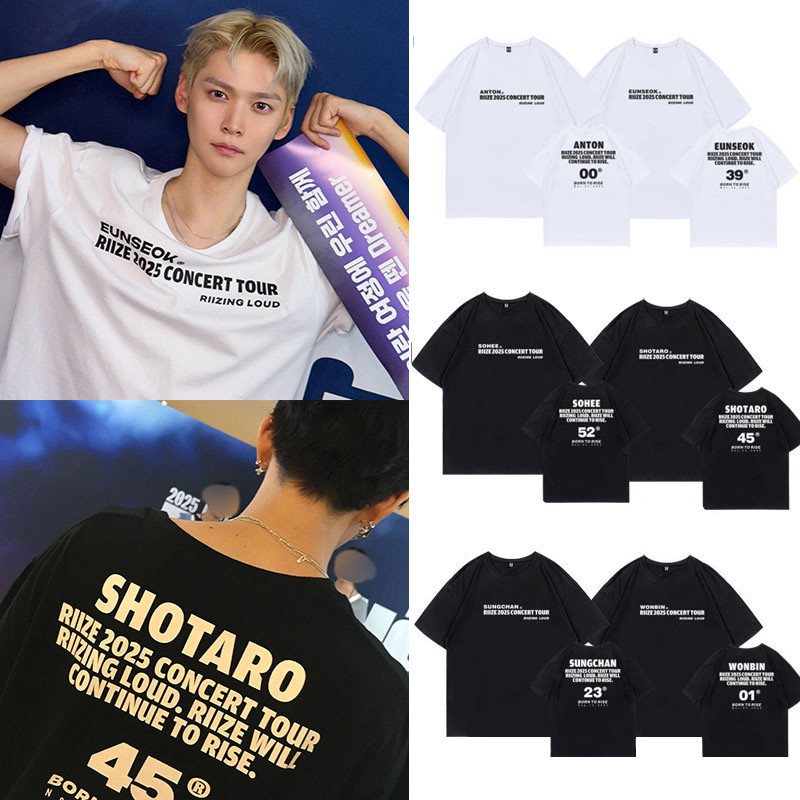 RIIZE 2025 ทัวร์คอนเสิร์ต RIIZE LOUD ปริมณฑลผ้าฝ้ายแขนสั้นเสื้อยืดผู้ชายและผู้หญิงคู่รักสนับสนุน SIZ