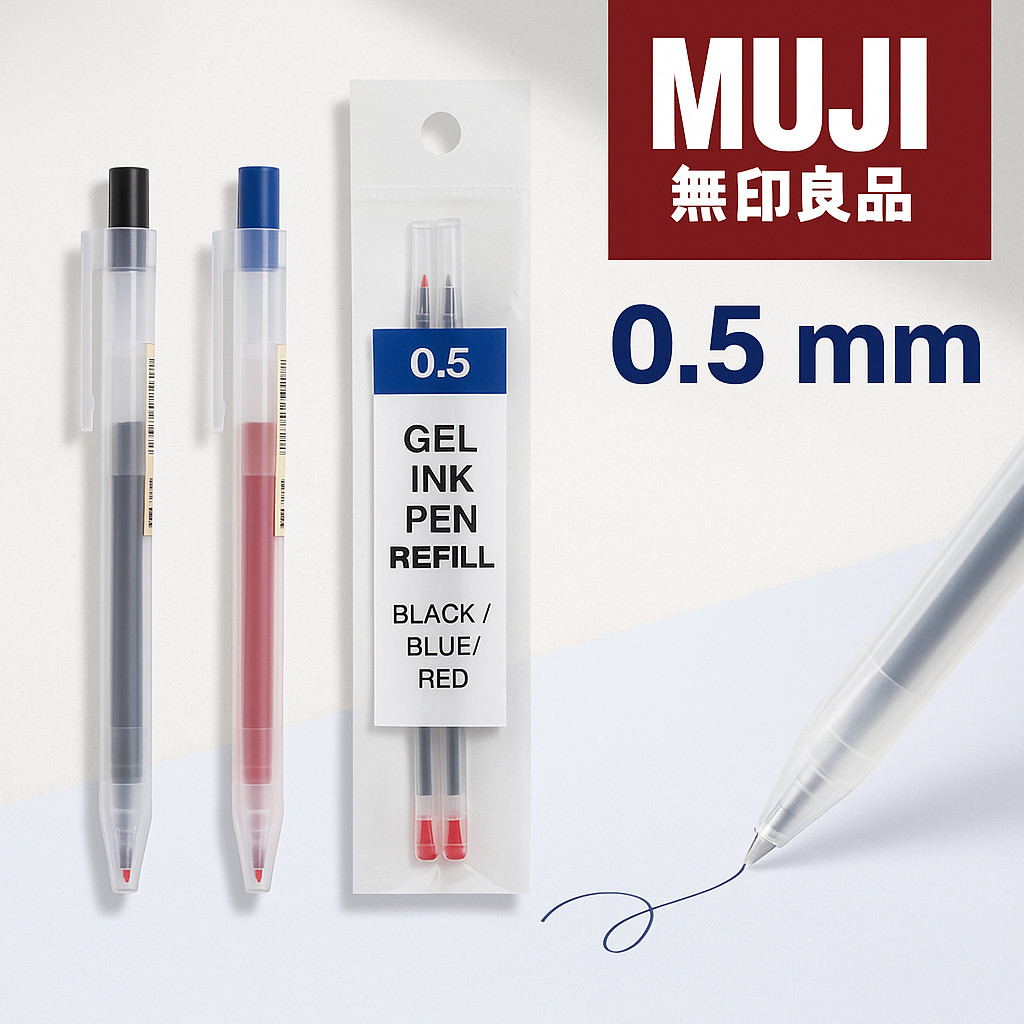 ปากกามูจิ Muji ปากกาแบบกด และไส้ปากกาเจล ขนาด 0.5 มม. เขียนลื่น เส้นคม