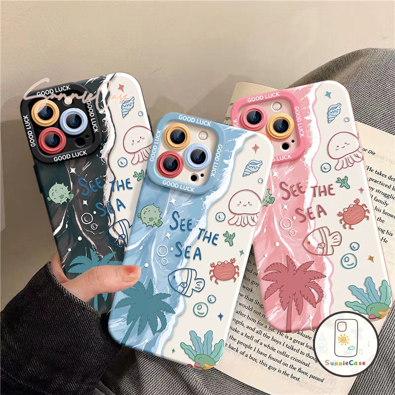 เคสไอโฟน11 โลกใต้น้ำสำหรับ IPhone 12 13 16 15 11 XR 7 17 Pro Max XR X XS 7Plus 8Plus 16 Max 16 8 7 Plus น่ารัก เรียบง่าย