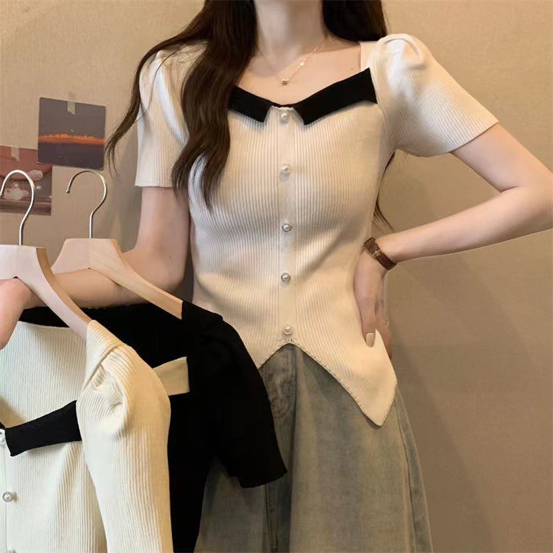 Maze*พร้อมส่ง*เสื้อยืดไหมพรม แขนสั้น คอปก ทรงรัดตัวเล็กน้อย น่ารักๆสีพื้น(1520)