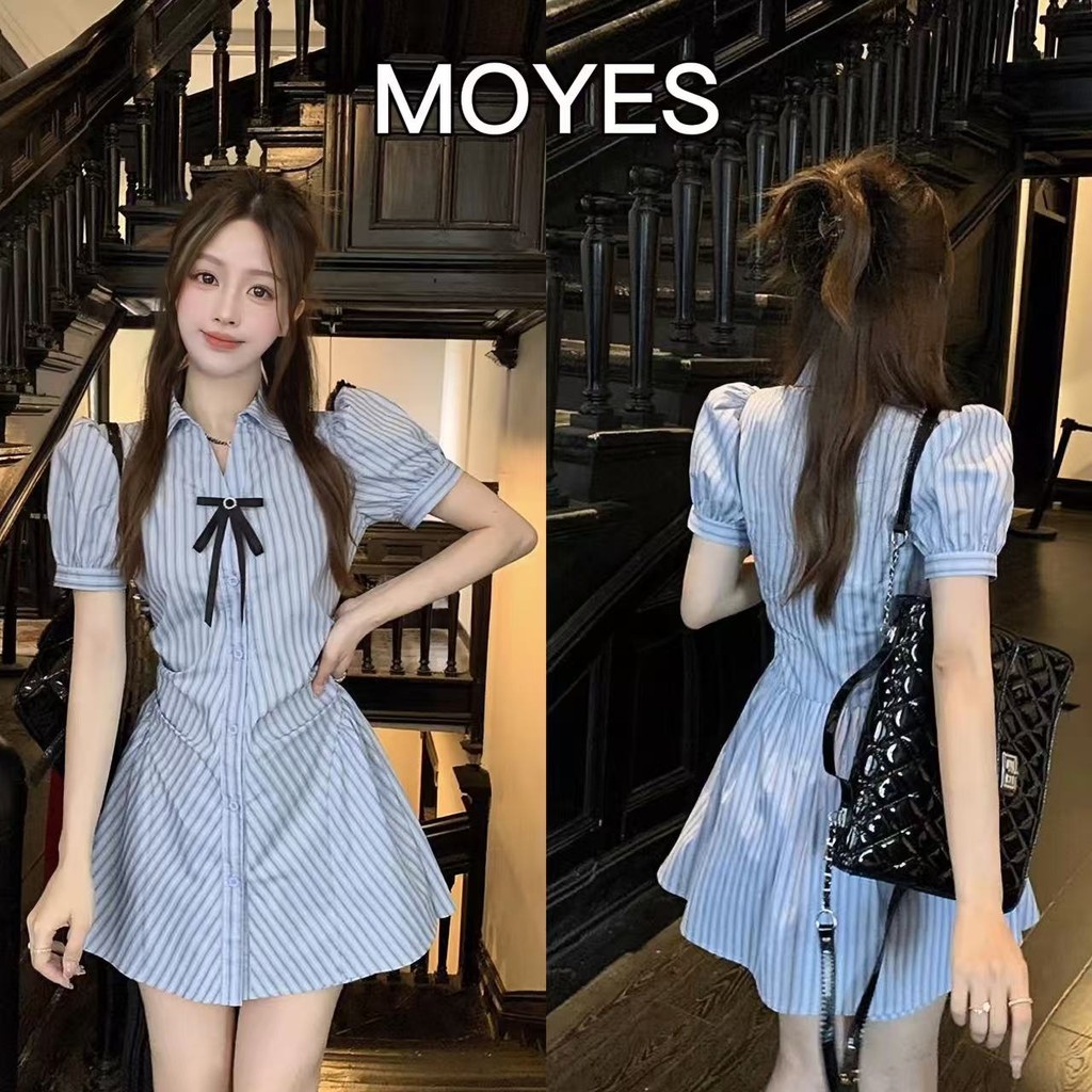 MOYES🔥ในสต็อก💗ชุดเดรสน่ารักๆ ชุดเดรสลายทางสีฟ้า ดีไซน์คอโปโลสุดเก๋ แต่งโบว์  สไตล์ฝรั่งเศส(ไม่รวมกางเกง)