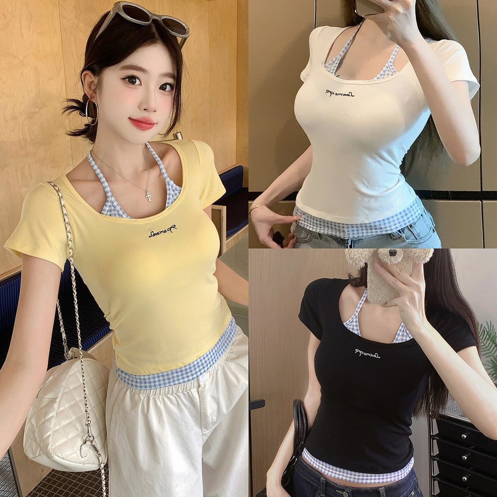 เสื้อยืดแขนสั้นคอกลมแต่งสายผูกโบว์ แนวสาวเกาหลี เนื้อผ้าเรยอน ใส่สบายระบายอากาศ แต่งปักตัวอักษร เก๋ๆ ชิคๆ