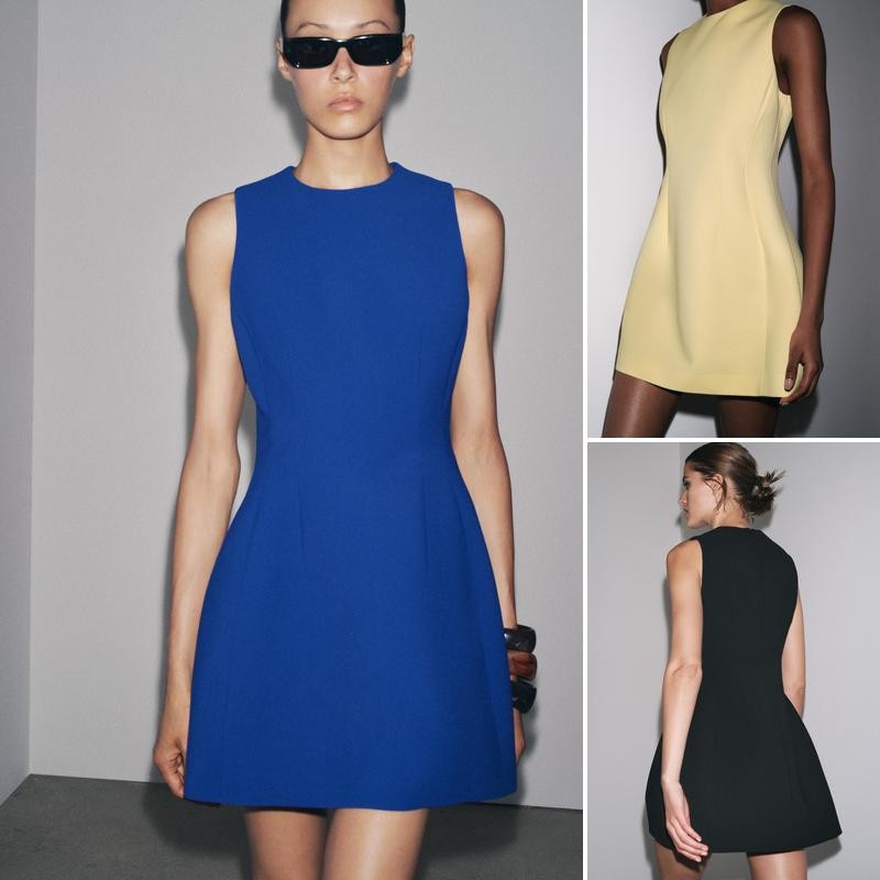 ZARA 2025 Summer Commuter Classy Simple Fluffy Hem ชุดเดรสสั้นแขนกุดคอกลม 3123281
