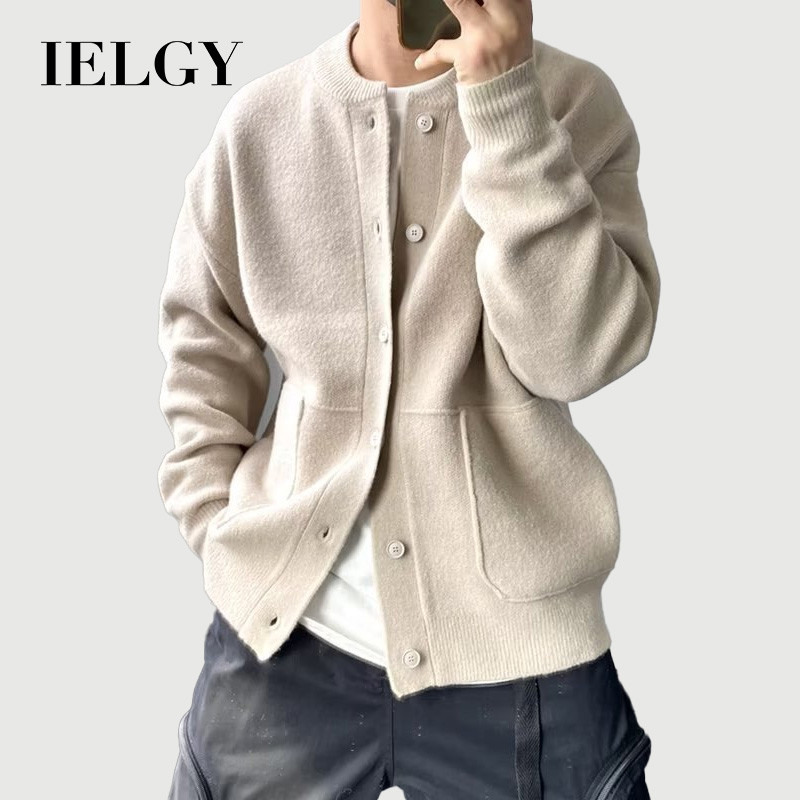 IELGY เสื้อคาร์ดิแกนถักผู้ชายสไตล์ใหม่ถนนสวมสีทึบเรียบง่ายหล่อหนาออกแบบเสื้อกันหนาวเยาวชน