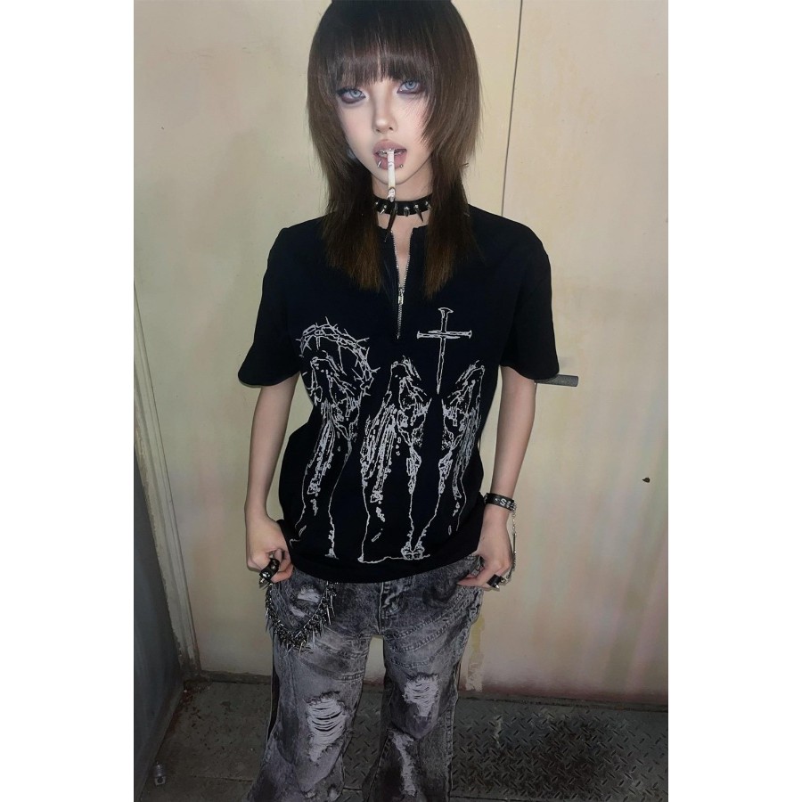 X-Sleeved Asian Culture Street Short-ORANGE เสื้อยืดพิมพ์ลาย American Retro vintage Top ฤดูร้อนสไตล์ใหม่เสื้อผ้าผู้หญิงลําลอง