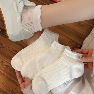 ถุงเท้าลายลูกไม้สไตล์บัลเล่ต์สีขาวยางยืดเนื้อบาง สำหรับผู้หญิงในฤดูร้อน
