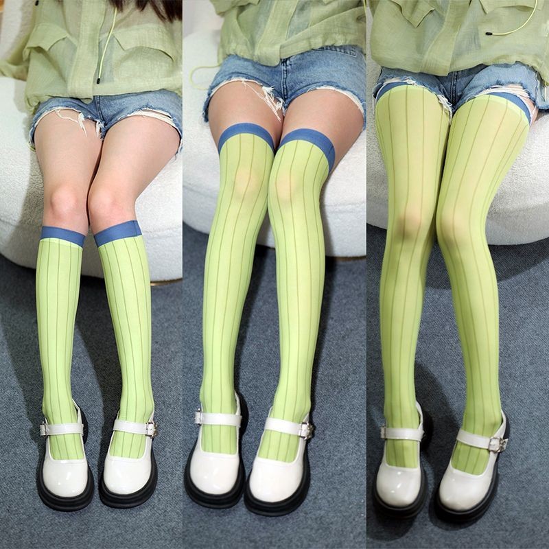 甘露寺蜜璃同款cos丝袜绿色竖条纹袜子长筒袜可爱卡通春秋印花袜Ganlu Temple Glass Same Style COS Silk Socks Green Vertical20250721