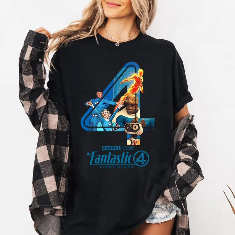 Marvel Fantastic Four First Steps เสื้อ Retro Superhero Fantastic 4 Graphic Tee ผ้าฝ้ายเสื้อแขนสั้น