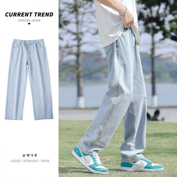 กางเกงยีนส์ baggy jeans หญิง กางเกงยีนส์ทรงหลวมขากว้าง สีฟ้าอ่อน สำหรับหนุ่มในฤดูร้อน