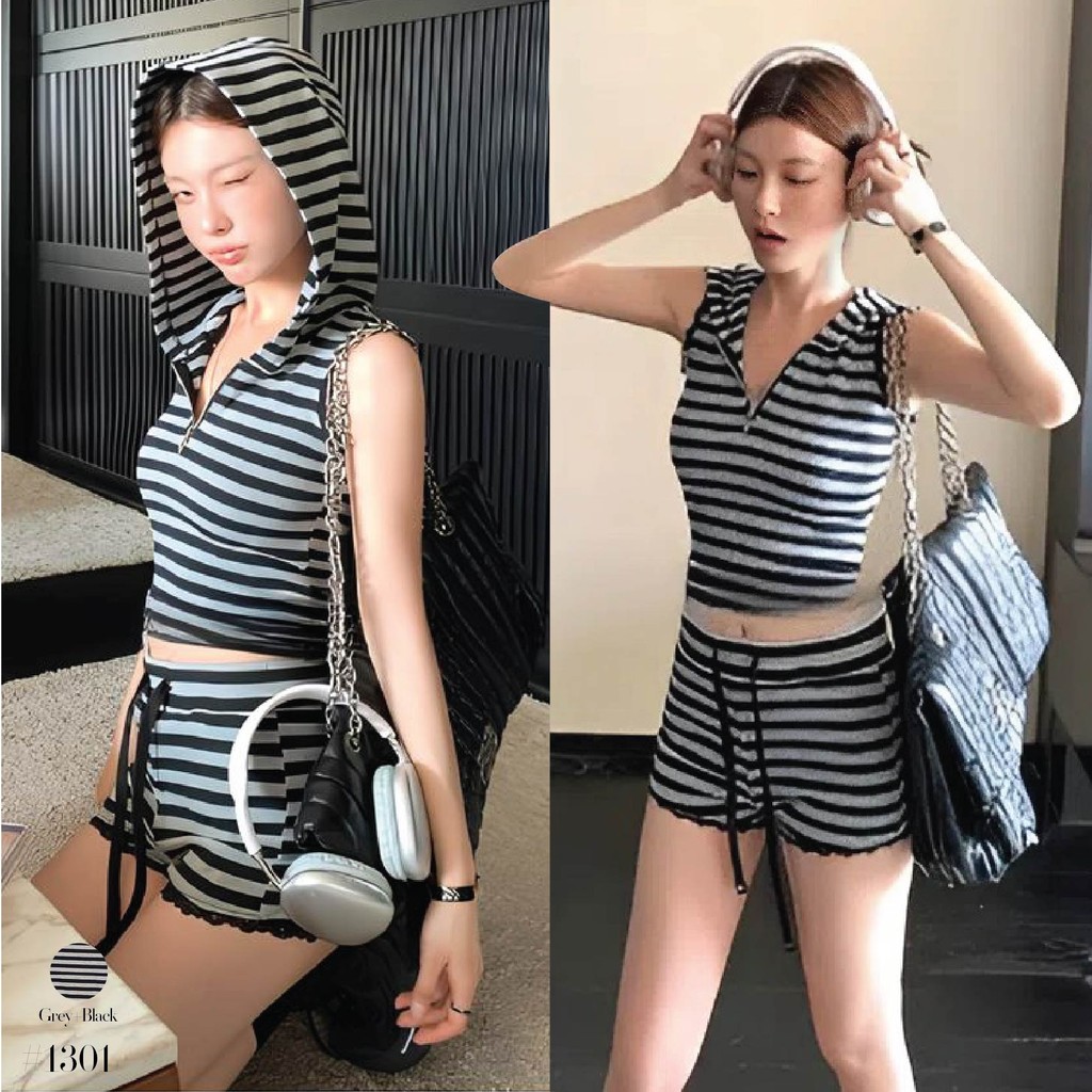 เซ็ต2ชิ้น เสื้อครอป แขนกุดมีฮู้ด ลายทาง สีเทาดำ แขนกุด ซิปหน้า + กางเกงเอวยางยืดมีเชือกรูด #1301